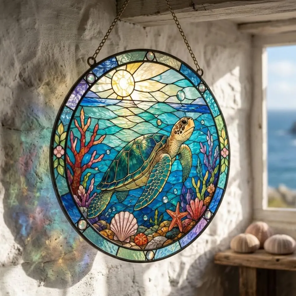 Sea Turtle Stained Glass Suncatcher, Ocean Coral Reef Window Hanging, Coastal Beach House Decor, Sea Life Lover Gift YB1603 - Media 4
