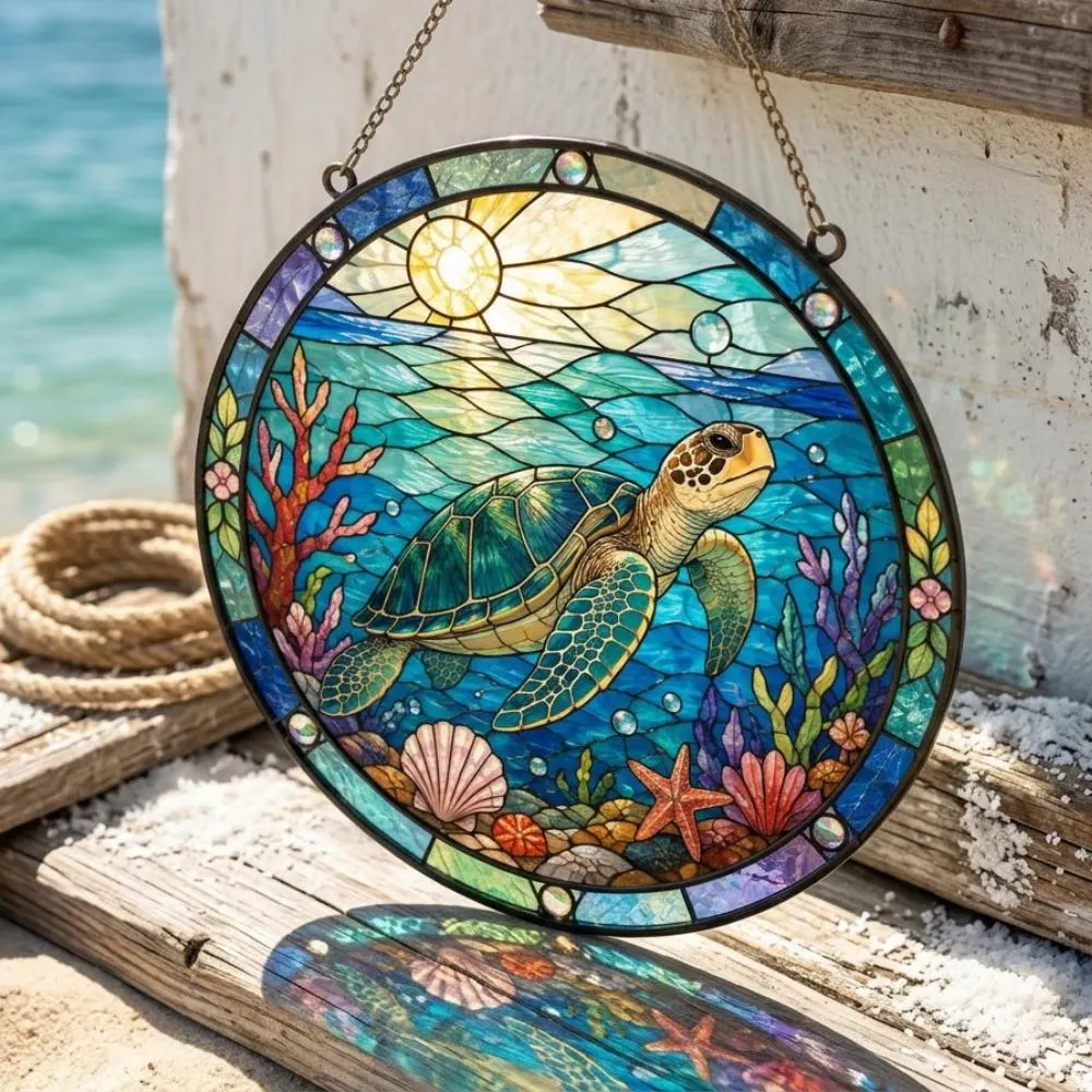 Sea Turtle Stained Glass Suncatcher, Ocean Coral Reef Window Hanging, Coastal Beach House Decor, Sea Life Lover Gift YB1603 - Media 5