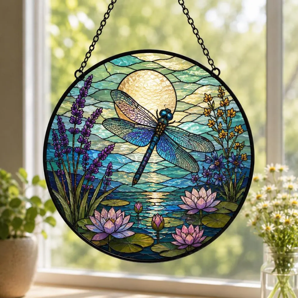 Dragonfly Stained Glass Suncatcher, Lotus Flower and Lavender Window Art, Boho Garden Decor, Spiritual Symbol Ornament YB1603