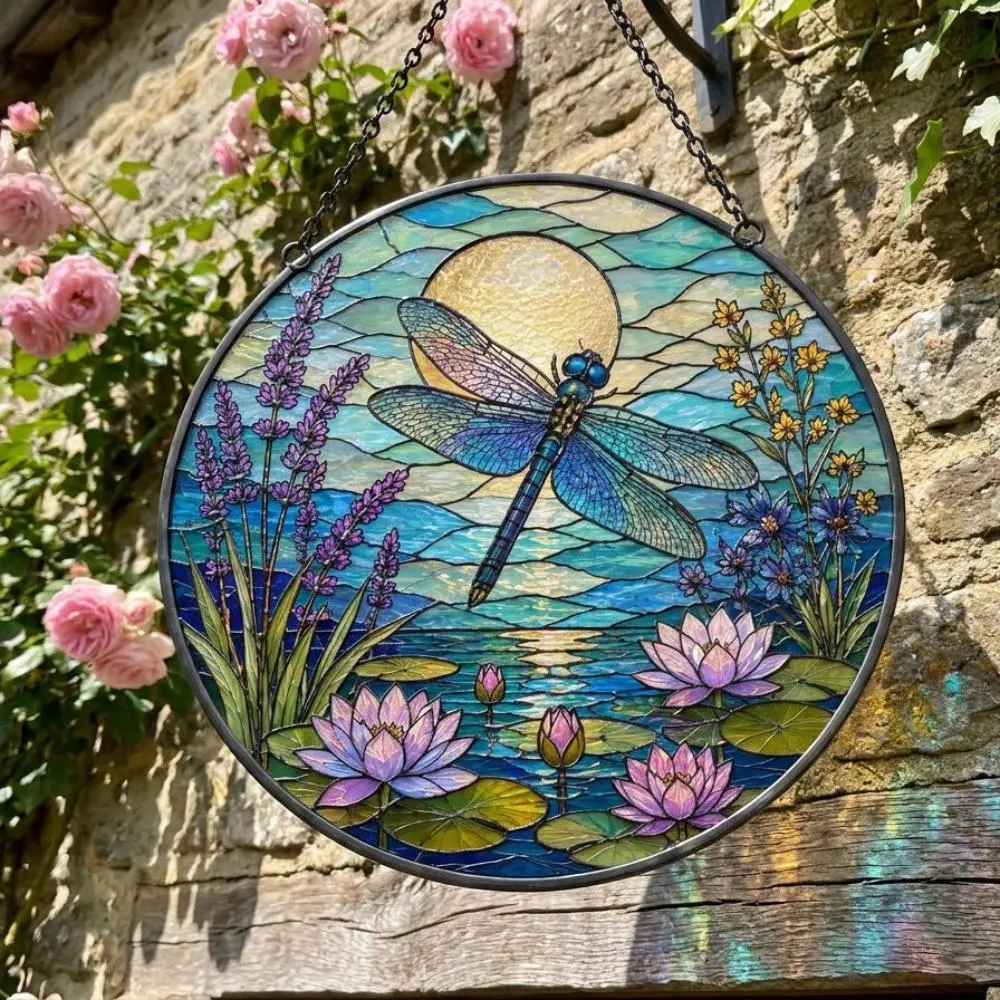 Dragonfly Stained Glass Suncatcher, Lotus Flower and Lavender Window Art, Boho Garden Decor, Spiritual Symbol Ornament YB1603 - Media 2