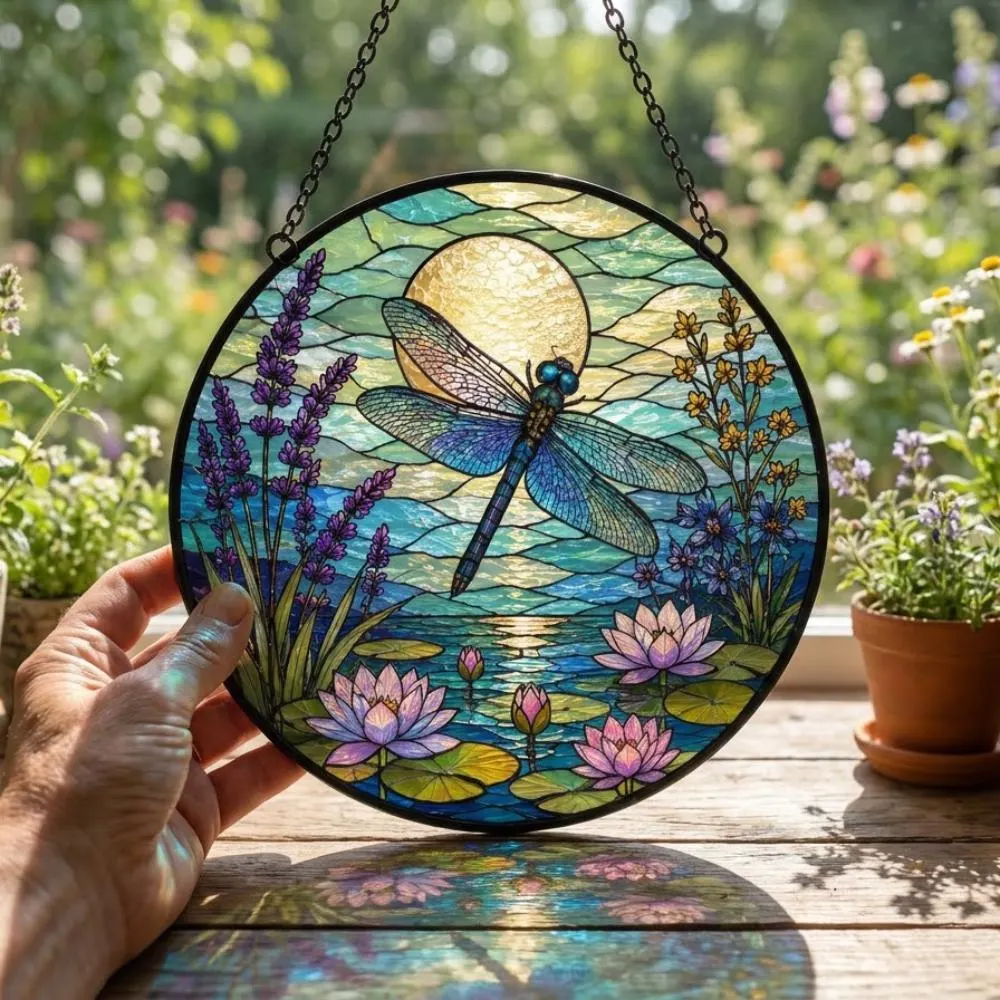 Dragonfly Stained Glass Suncatcher, Lotus Flower and Lavender Window Art, Boho Garden Decor, Spiritual Symbol Ornament YB1603 - Media 3