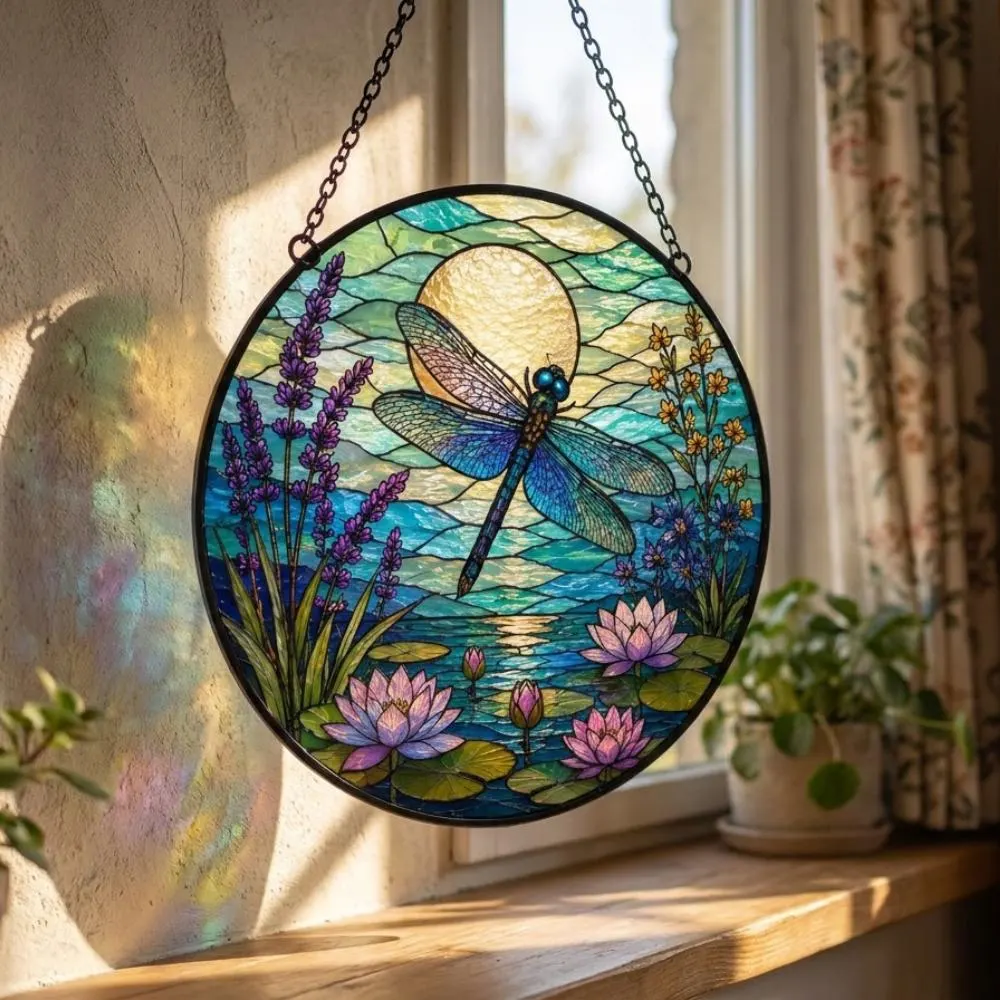 Dragonfly Stained Glass Suncatcher, Lotus Flower and Lavender Window Art, Boho Garden Decor, Spiritual Symbol Ornament YB1603 - Media 4