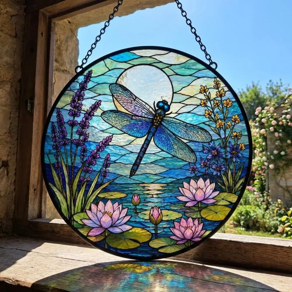 Dragonfly Stained Glass Suncatcher, Lotus Flower and Lavender Window Art, Boho Garden Decor, Spiritual Symbol Ornament YB1603 - Media 5