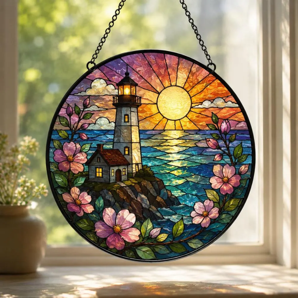 Lighthouse Stained Glass Suncatcher - Coastal Sunset Ocean Window Hanging, Nautical Beach House Decor, Sea Life Gift YB1603