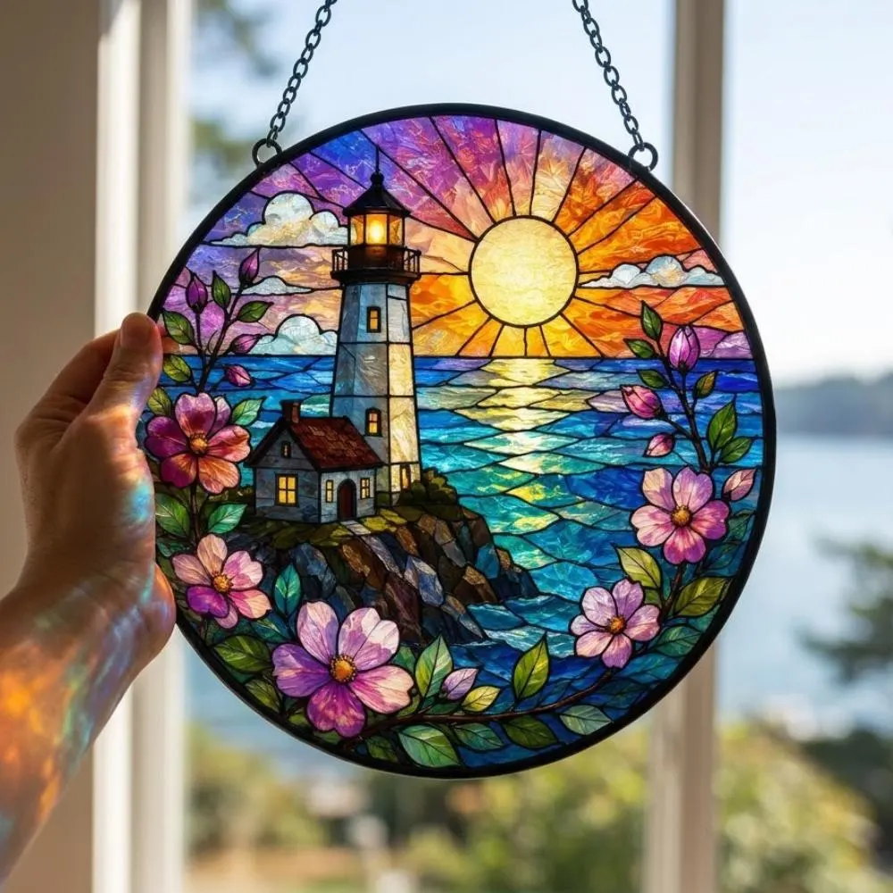 Lighthouse Stained Glass Suncatcher - Coastal Sunset Ocean Window Hanging, Nautical Beach House Decor, Sea Life Gift YB1603 - Media 2