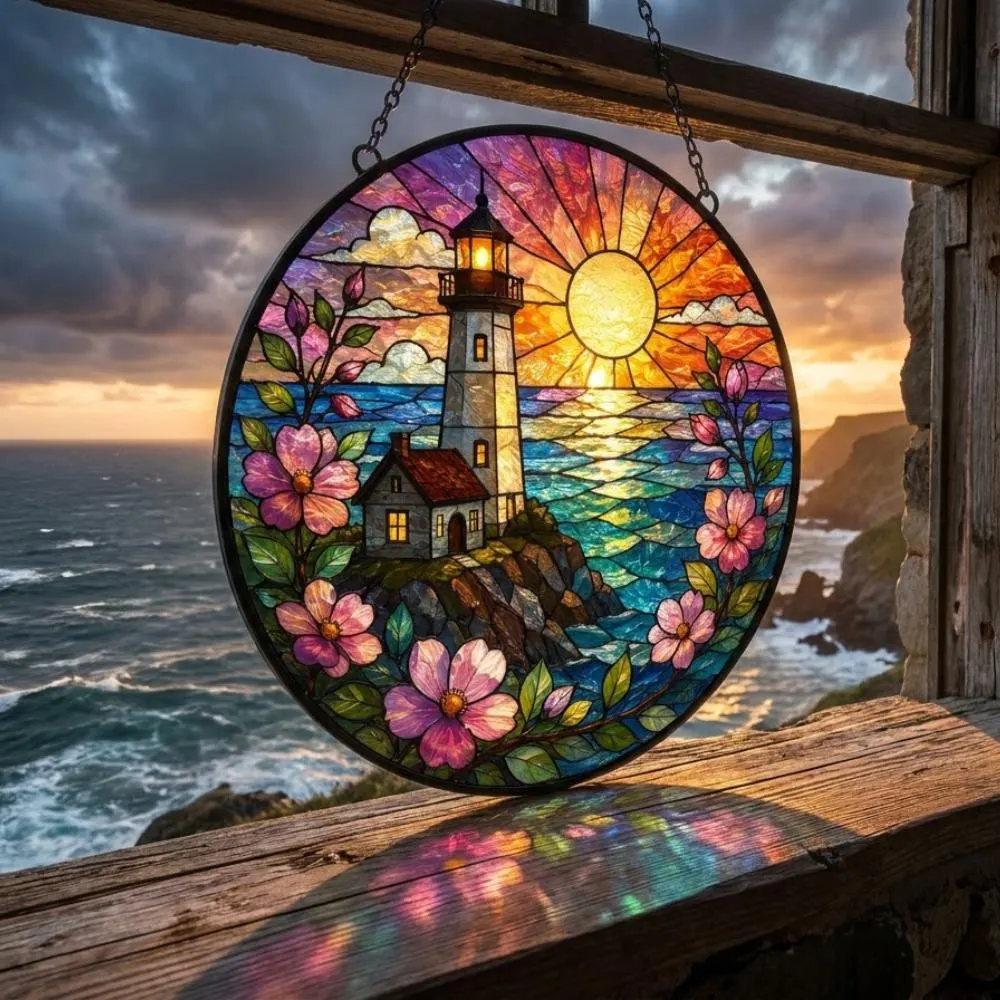 Lighthouse Stained Glass Suncatcher - Coastal Sunset Ocean Window Hanging, Nautical Beach House Decor, Sea Life Gift YB1603 - Media 3