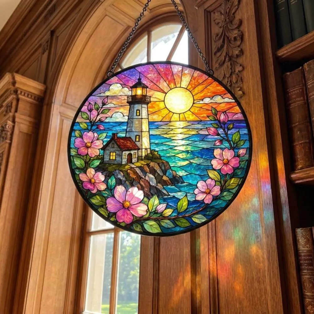 Lighthouse Stained Glass Suncatcher - Coastal Sunset Ocean Window Hanging, Nautical Beach House Decor, Sea Life Gift YB1603 - Media 4