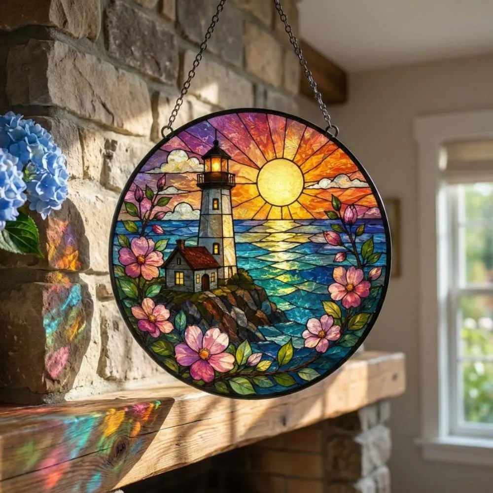 Lighthouse Stained Glass Suncatcher - Coastal Sunset Ocean Window Hanging, Nautical Beach House Decor, Sea Life Gift YB1603 - Media 5
