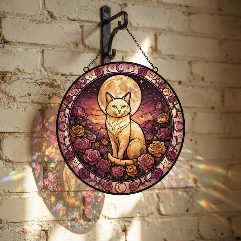 Stained Glass Cat Suncatcher - Celestial Moon and Rose Window Hanging, Cat Lover Gift, Boho Wall Decor, Rainbow Maker Art Ornament YB1603