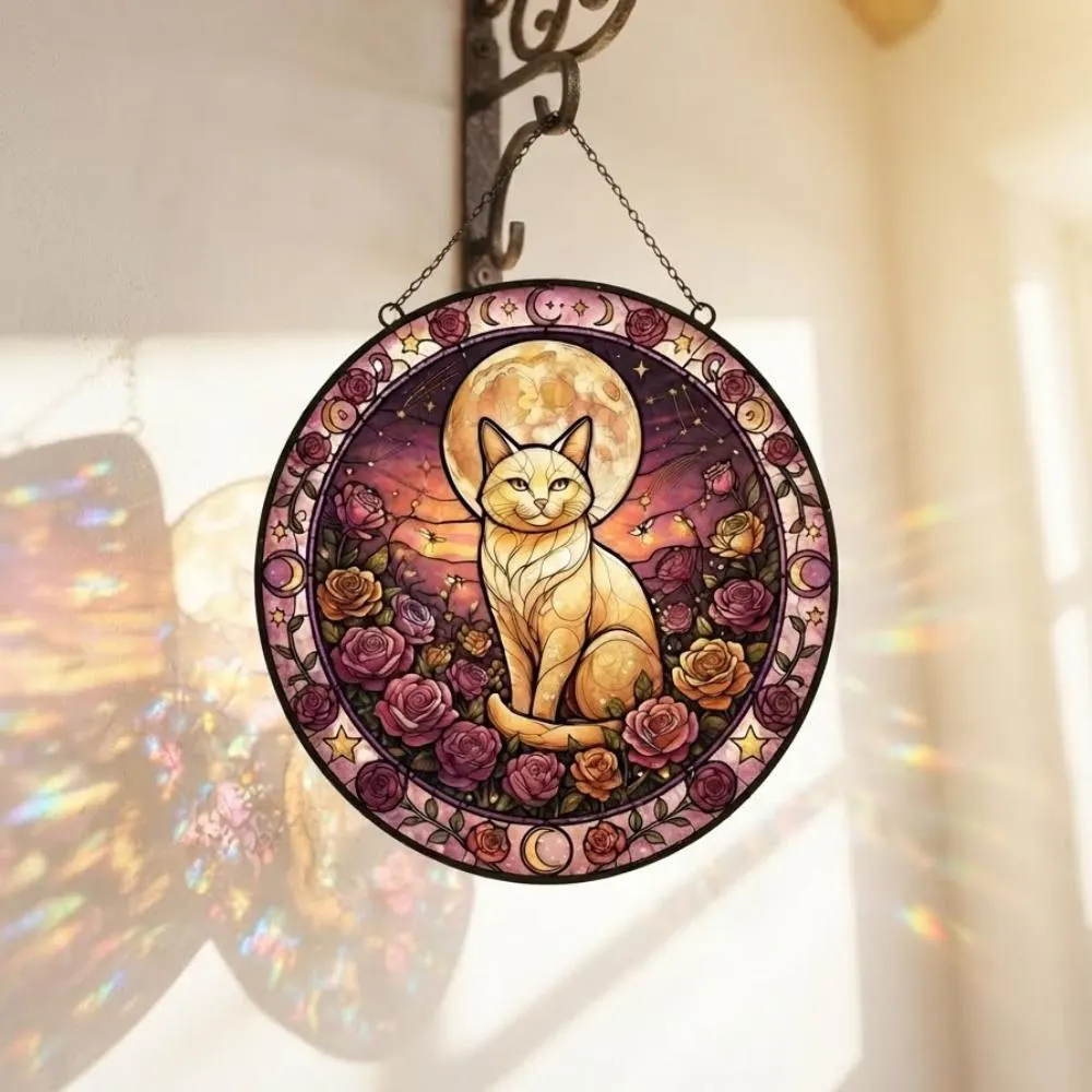 Stained Glass Cat Suncatcher - Celestial Moon and Rose Window Hanging, Cat Lover Gift, Boho Wall Decor, Rainbow Maker Art Ornament YB1603 - Media 2