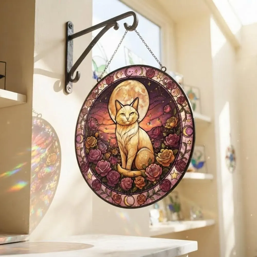 Stained Glass Cat Suncatcher - Celestial Moon and Rose Window Hanging, Cat Lover Gift, Boho Wall Decor, Rainbow Maker Art Ornament YB1603 - Media 3