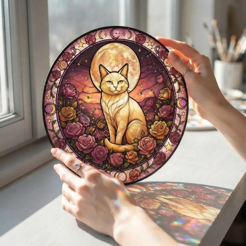 Stained Glass Cat Suncatcher - Celestial Moon and Rose Window Hanging, Cat Lover Gift, Boho Wall Decor, Rainbow Maker Art Ornament YB1603 - Media 4