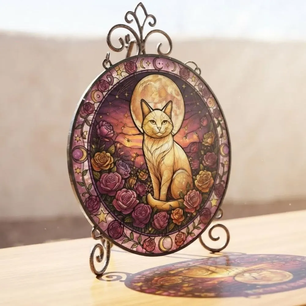 Stained Glass Cat Suncatcher - Celestial Moon and Rose Window Hanging, Cat Lover Gift, Boho Wall Decor, Rainbow Maker Art Ornament YB1603 - Media 5