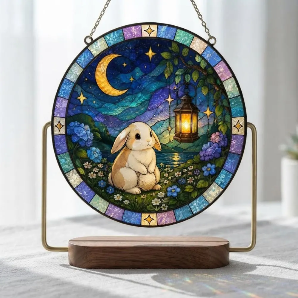 Whimsical Bunny Stained Glass Suncatcher, Celestial Rabbit Moon Night Garden Window Hanging, Nursery Wall Art Decor YB1603