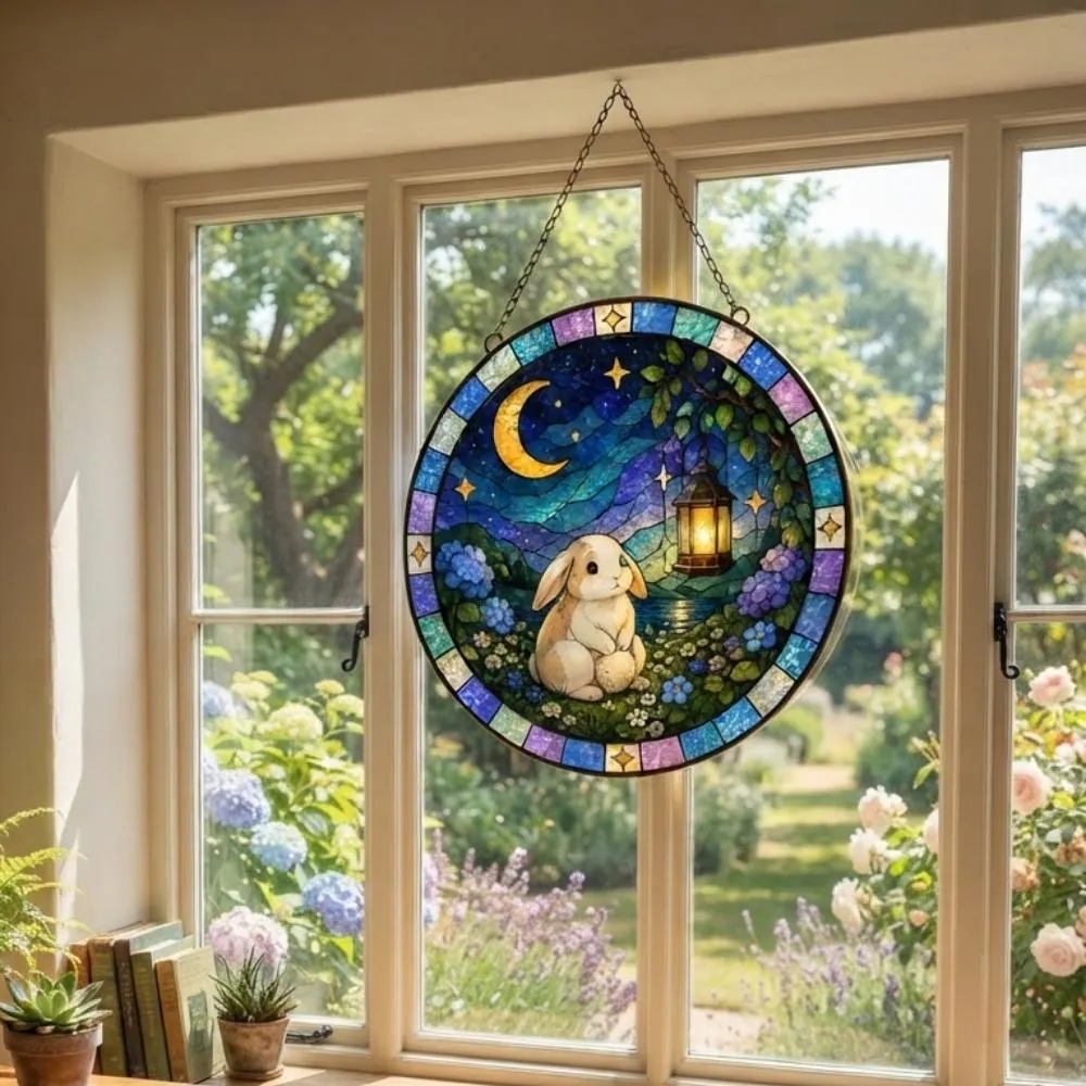 Whimsical Bunny Stained Glass Suncatcher, Celestial Rabbit Moon Night Garden Window Hanging, Nursery Wall Art Decor YB1603 - Media 2