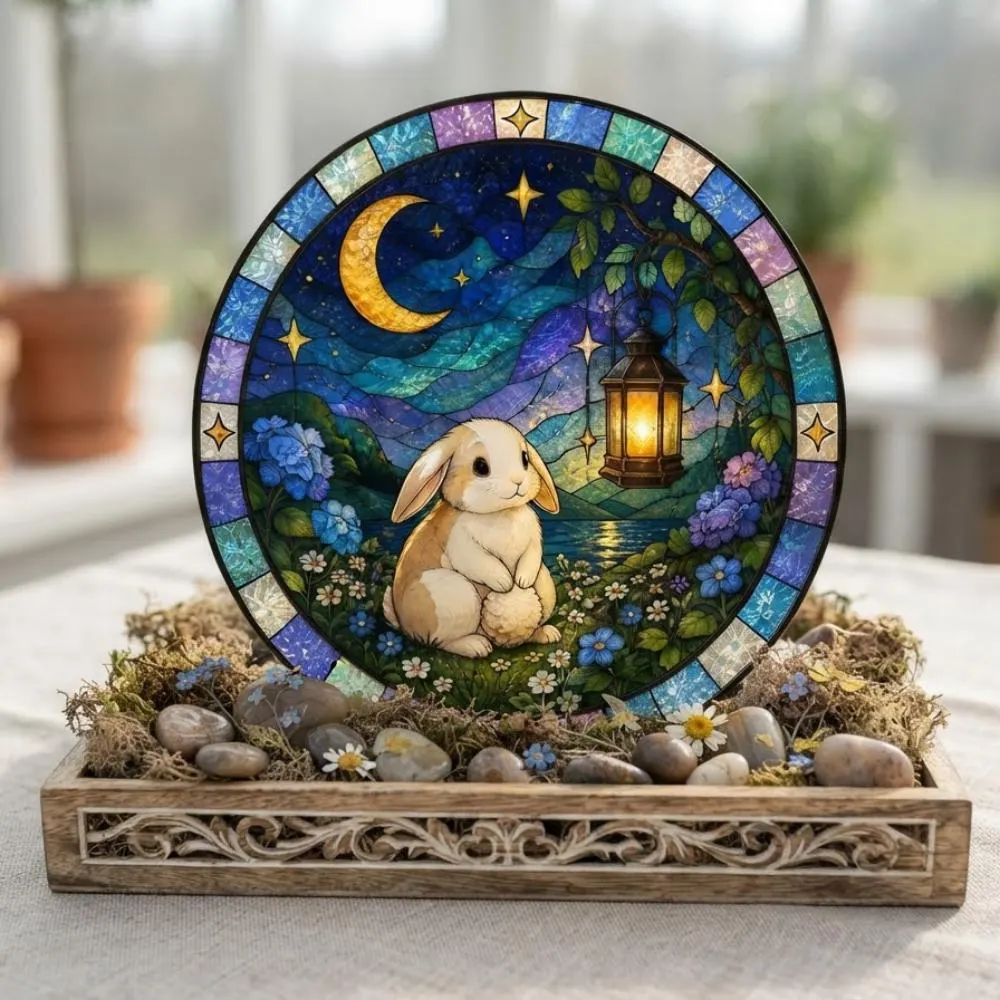 Whimsical Bunny Stained Glass Suncatcher, Celestial Rabbit Moon Night Garden Window Hanging, Nursery Wall Art Decor YB1603 - Media 3
