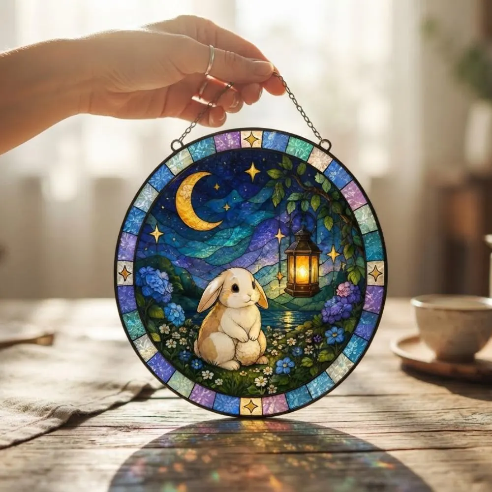 Whimsical Bunny Stained Glass Suncatcher, Celestial Rabbit Moon Night Garden Window Hanging, Nursery Wall Art Decor YB1603 - Media 4