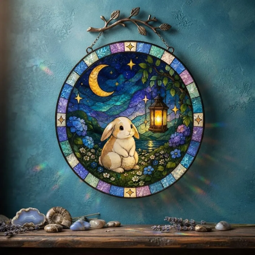 Whimsical Bunny Stained Glass Suncatcher, Celestial Rabbit Moon Night Garden Window Hanging, Nursery Wall Art Decor YB1603 - Media 5