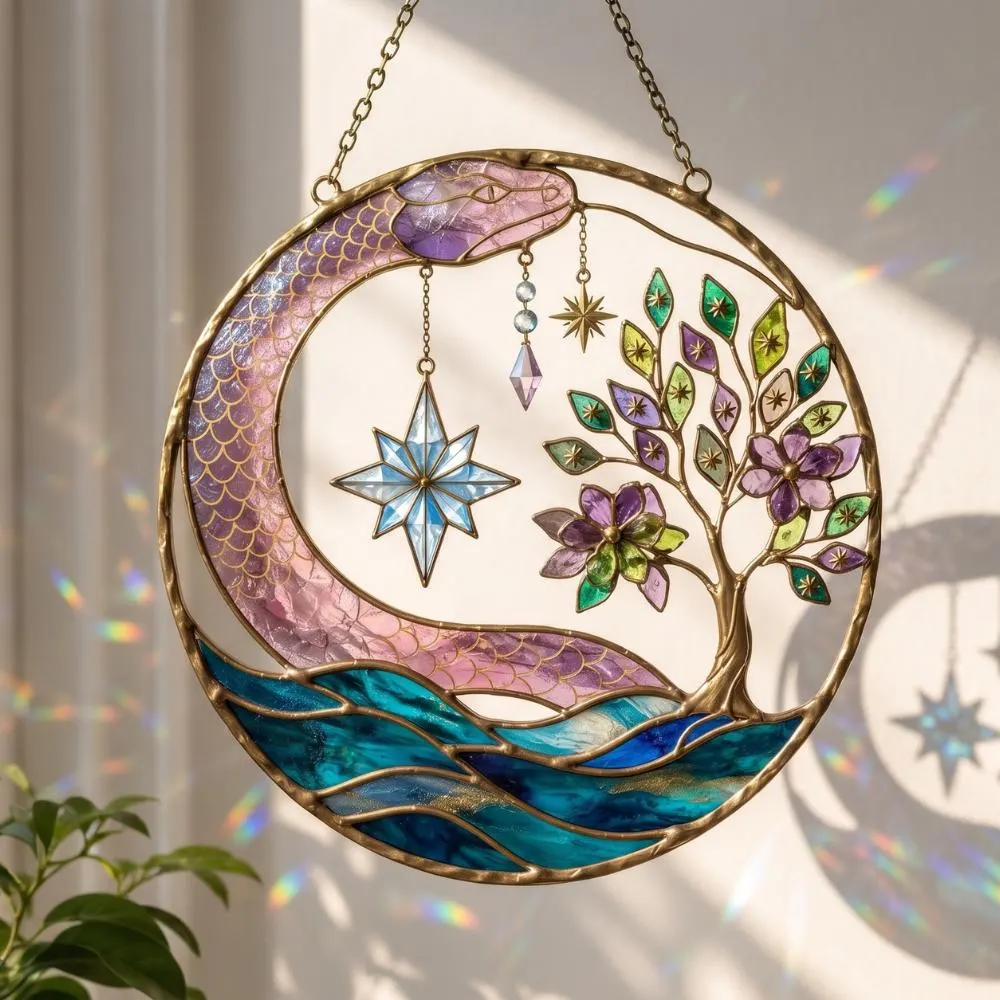 Celestial Snake Stained Glass Suncatcher, Serpent Moon and Tree of Life Wall Art, Mystical Window Hanging Decor, Boho Witchy Decor YB1603