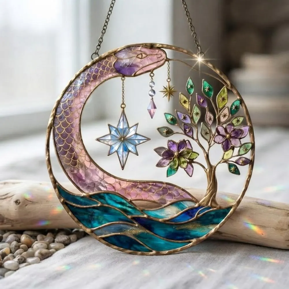 Celestial Snake Stained Glass Suncatcher, Serpent Moon and Tree of Life Wall Art, Mystical Window Hanging Decor, Boho Witchy Decor YB1603 - Media 2