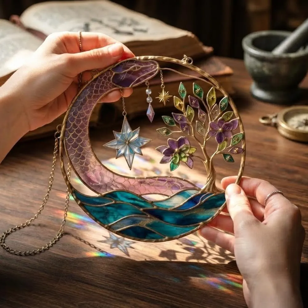 Celestial Snake Stained Glass Suncatcher, Serpent Moon and Tree of Life Wall Art, Mystical Window Hanging Decor, Boho Witchy Decor YB1603 - Media 3