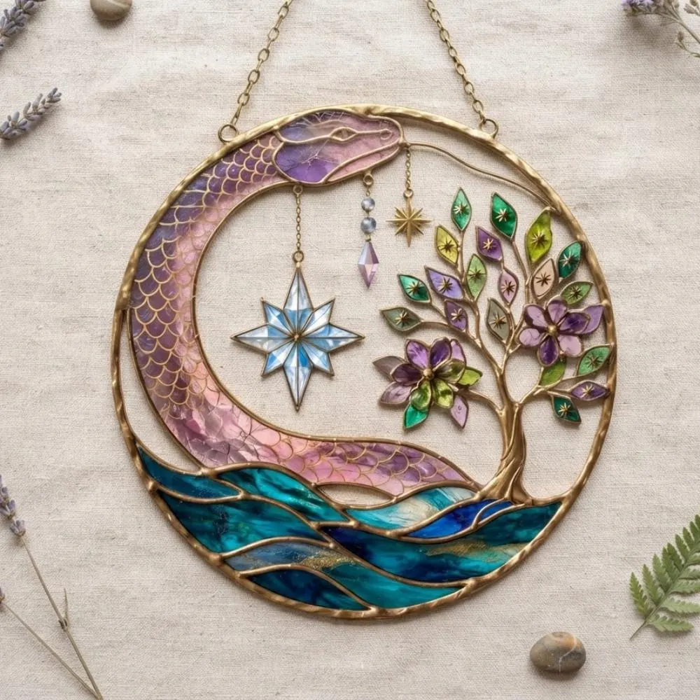 Celestial Snake Stained Glass Suncatcher, Serpent Moon and Tree of Life Wall Art, Mystical Window Hanging Decor, Boho Witchy Decor YB1603 - Media 4
