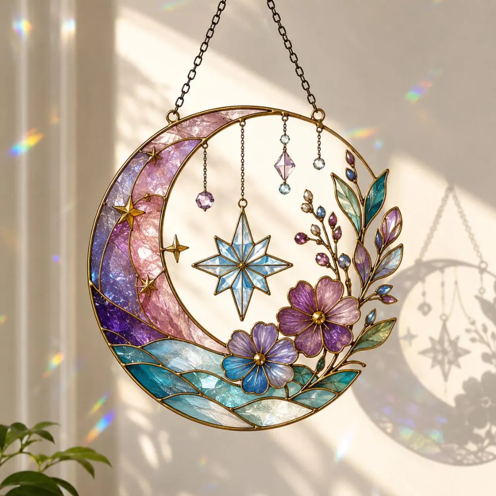 Celestial Moon Suncatcher, Floral Stained Glass Window Hanging, Starry Night Decor, Purple Flower Moon Art, Boho Gift YB1603