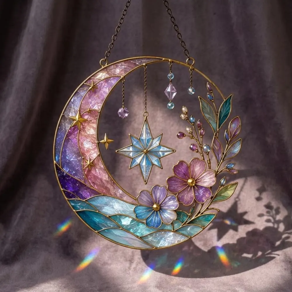 Celestial Moon Suncatcher, Floral Stained Glass Window Hanging, Starry Night Decor, Purple Flower Moon Art, Boho Gift YB1603 - Media 2