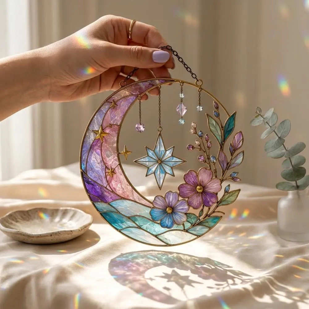 Celestial Moon Suncatcher, Floral Stained Glass Window Hanging, Starry Night Decor, Purple Flower Moon Art, Boho Gift YB1603 - Media 3