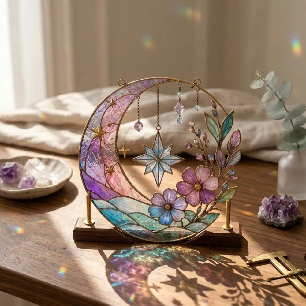 Celestial Moon Suncatcher, Floral Stained Glass Window Hanging, Starry Night Decor, Purple Flower Moon Art, Boho Gift YB1603 - Media 4