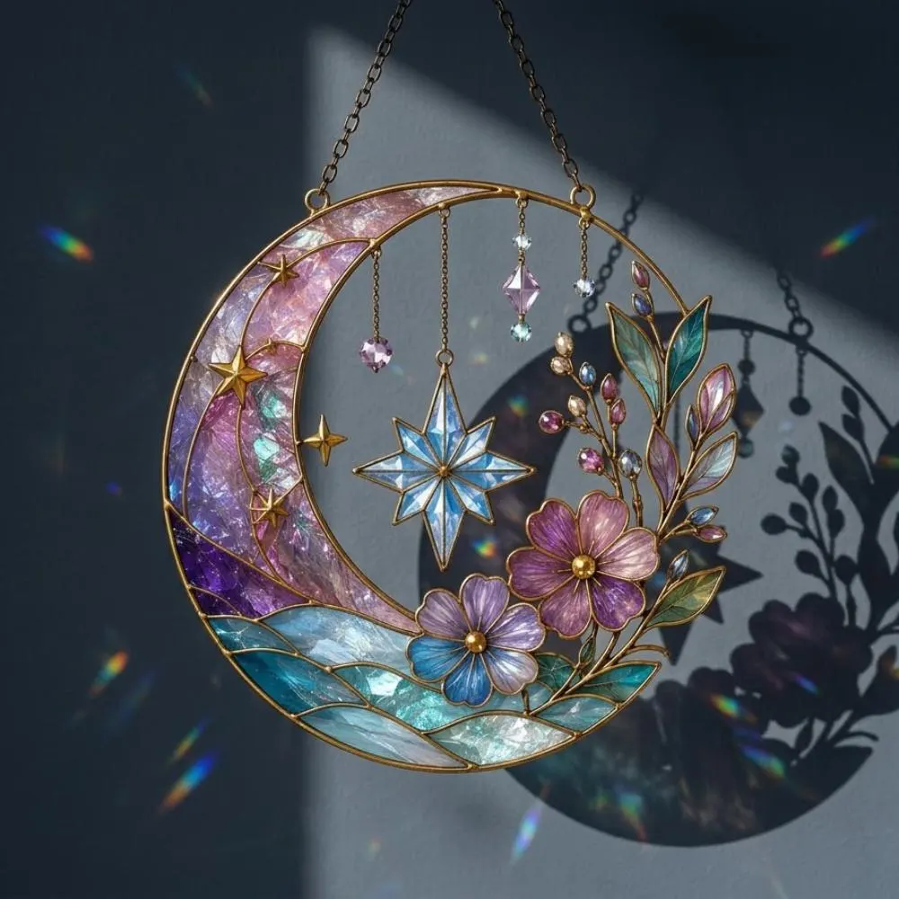 Celestial Moon Suncatcher, Floral Stained Glass Window Hanging, Starry Night Decor, Purple Flower Moon Art, Boho Gift YB1603 - Media 5
