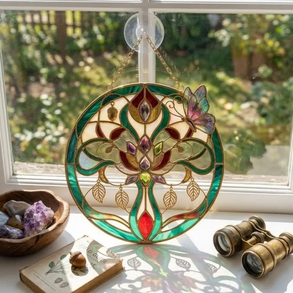 Art Nouveau Suncatcher, Tree of Life Window Hanging, Stained Glass Style Butterfly Decor, Boho Wall Art, Mother's Day Gift YB1603 - Media 3