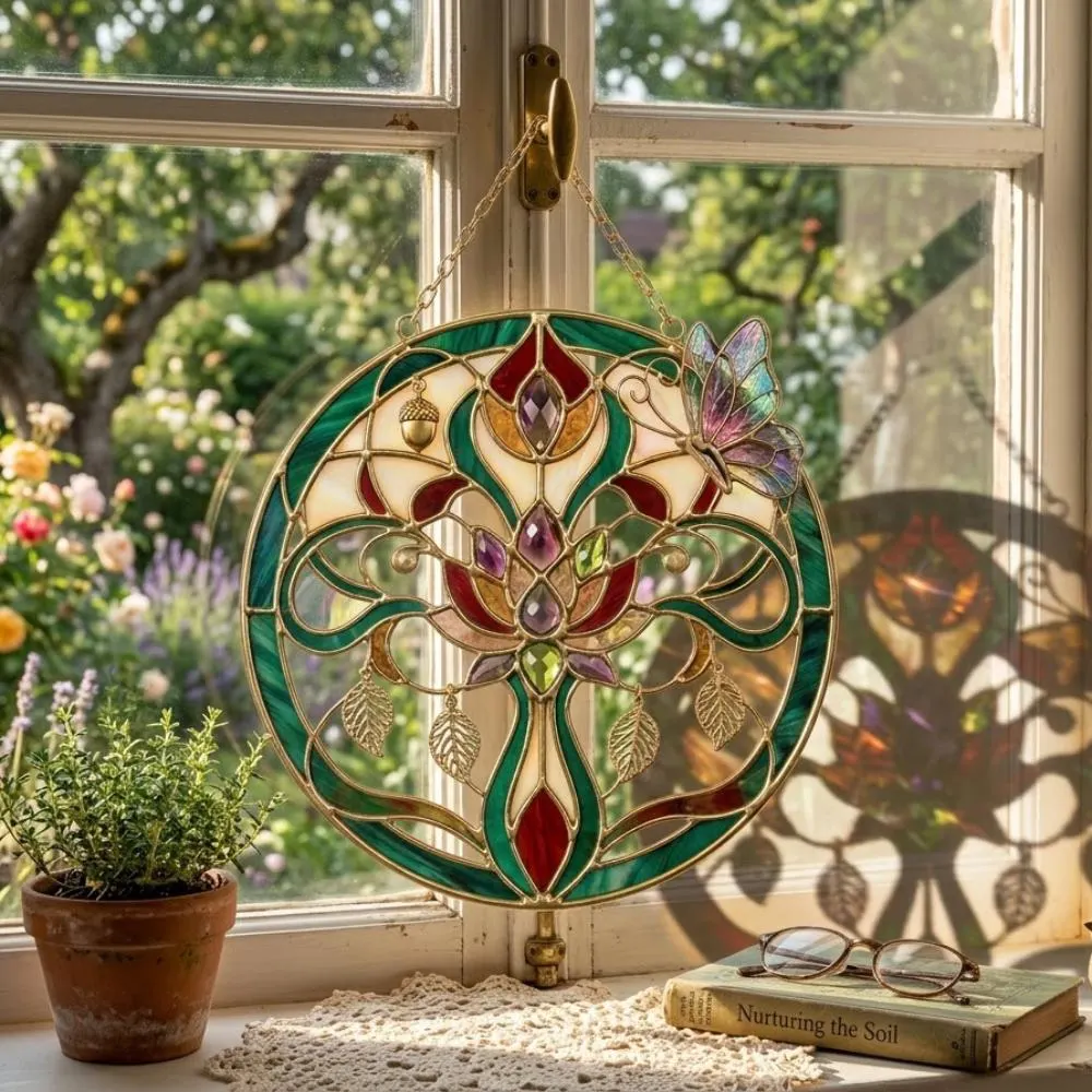 Art Nouveau Suncatcher, Tree of Life Window Hanging, Stained Glass Style Butterfly Decor, Boho Wall Art, Mother's Day Gift YB1603 - Media 4
