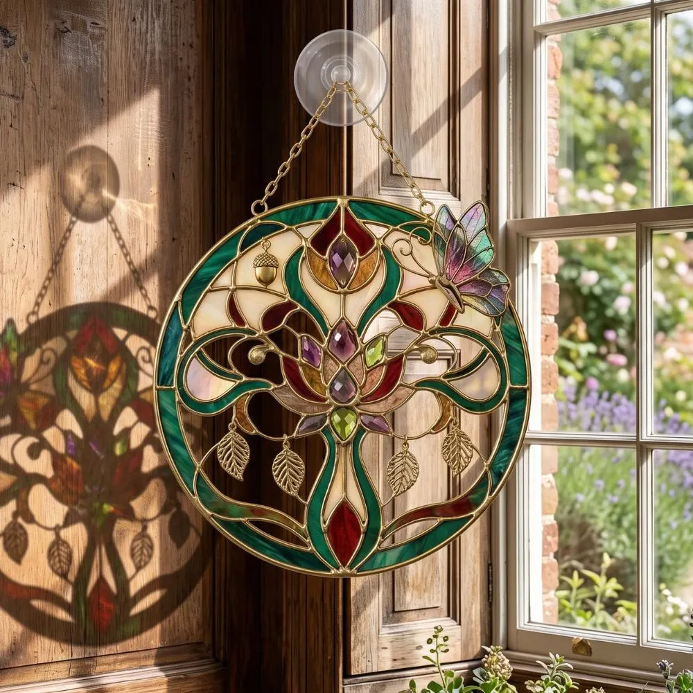 Art Nouveau Suncatcher, Tree of Life Window Hanging, Stained Glass Style Butterfly Decor, Boho Wall Art, Mother's Day Gift YB1603 - Media 5
