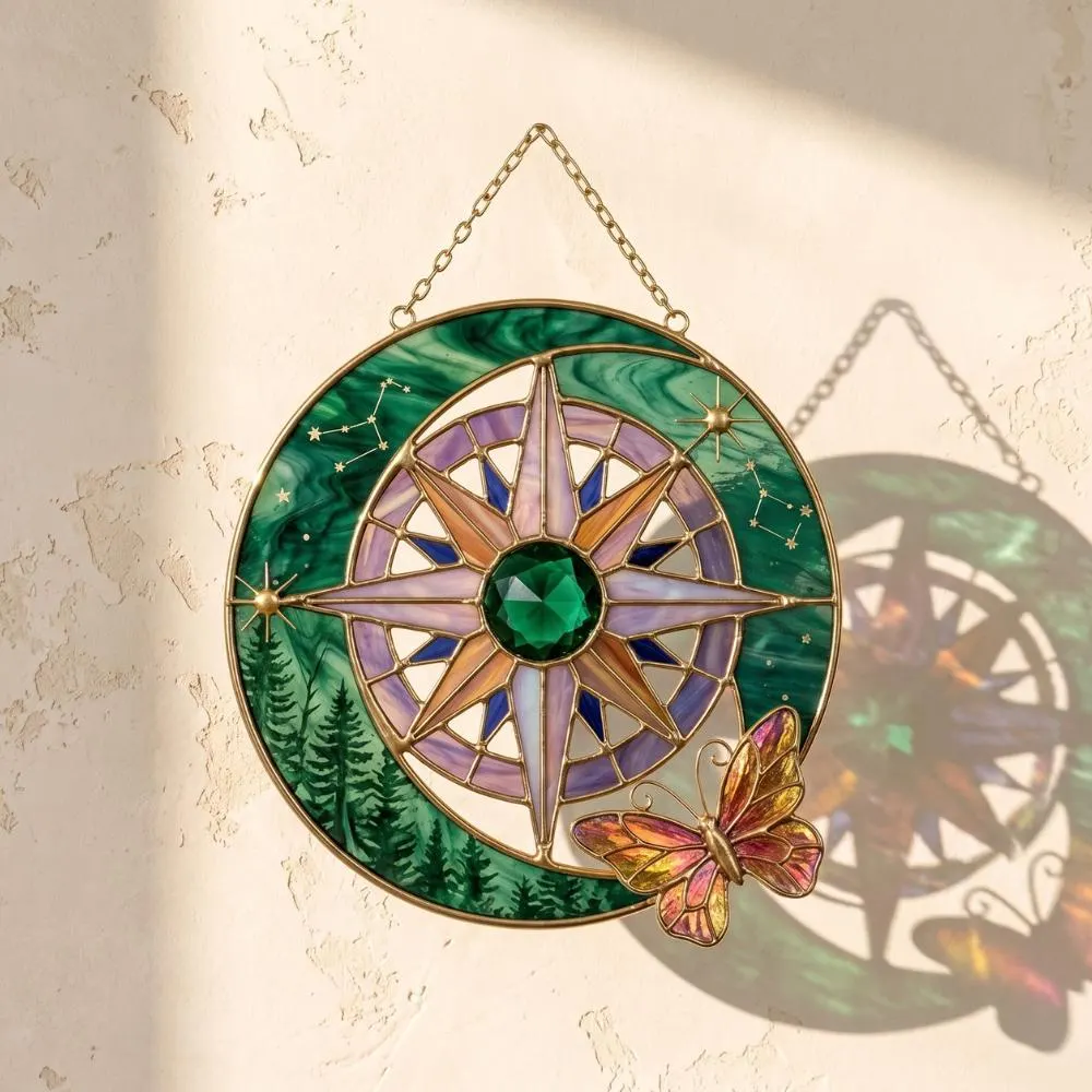 Celestial Compass Suncatcher, Stained Glass Moon and Forest Window Hanging, Butterfly Wall Art, Mystical Gift, Boho Home Decor YB1603