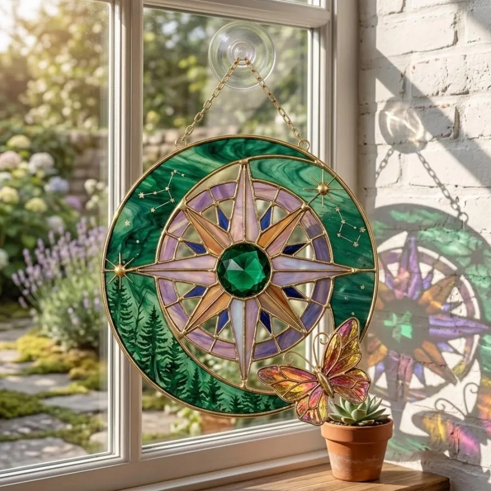 Celestial Compass Suncatcher, Stained Glass Moon and Forest Window Hanging, Butterfly Wall Art, Mystical Gift, Boho Home Decor YB1603 - Media 2