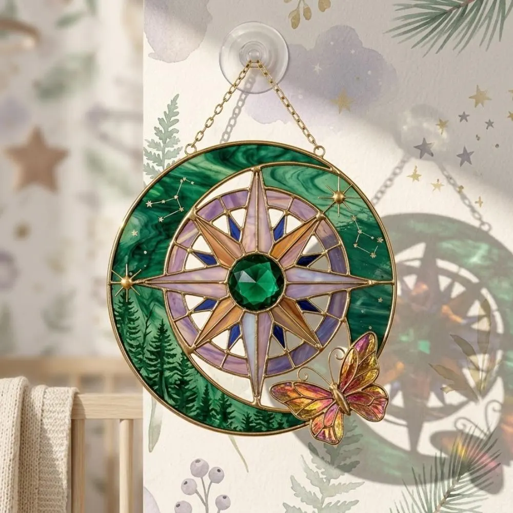 Celestial Compass Suncatcher, Stained Glass Moon and Forest Window Hanging, Butterfly Wall Art, Mystical Gift, Boho Home Decor YB1603 - Media 3