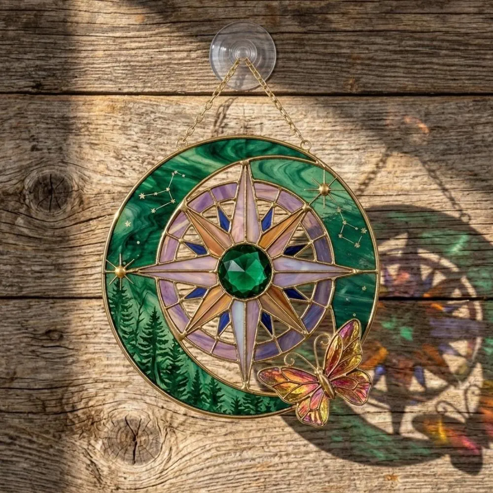 Celestial Compass Suncatcher, Stained Glass Moon and Forest Window Hanging, Butterfly Wall Art, Mystical Gift, Boho Home Decor YB1603 - Media 4