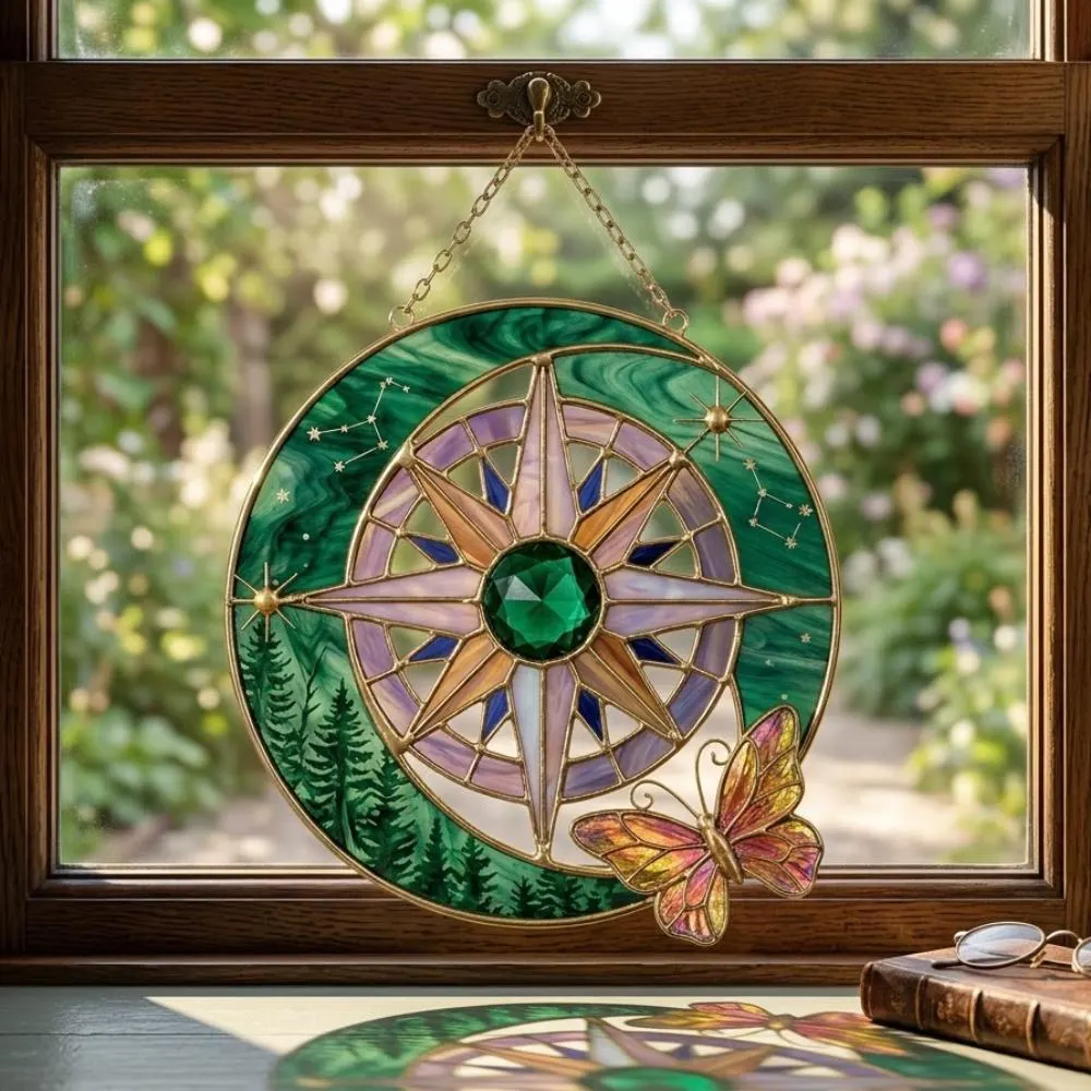 Celestial Compass Suncatcher, Stained Glass Moon and Forest Window Hanging, Butterfly Wall Art, Mystical Gift, Boho Home Decor YB1603 - Media 5