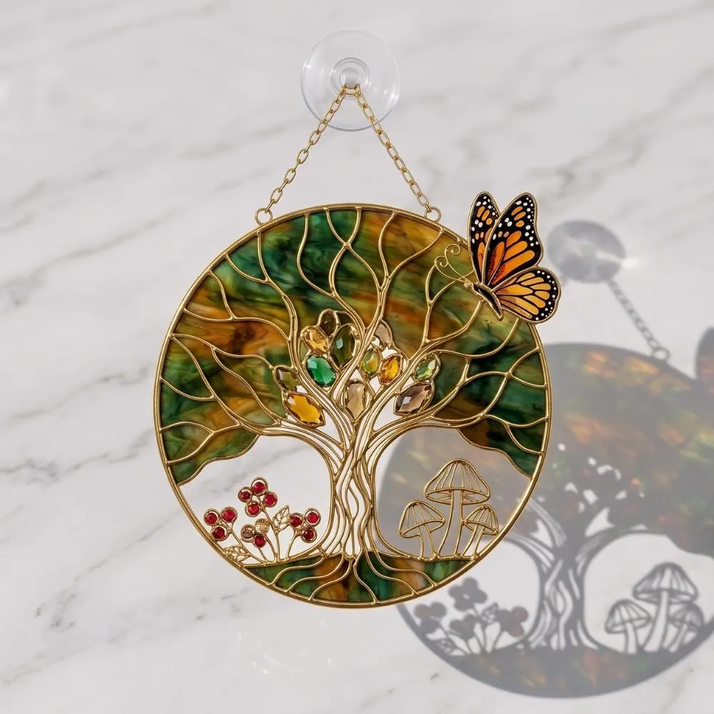 Tree of Life Suncatcher, Monarch Butterfly Stained Glass Window Hanging, Mushroom Decor, Nature Lover Gift, Boho Wall Art YB1603