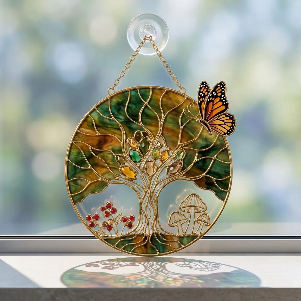 Tree of Life Suncatcher, Monarch Butterfly Stained Glass Window Hanging, Mushroom Decor, Nature Lover Gift, Boho Wall Art YB1603 - Media 2