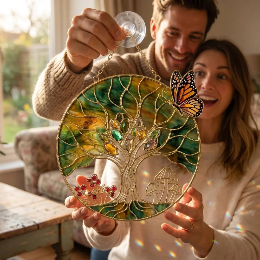 Tree of Life Suncatcher, Monarch Butterfly Stained Glass Window Hanging, Mushroom Decor, Nature Lover Gift, Boho Wall Art YB1603 - Media 3