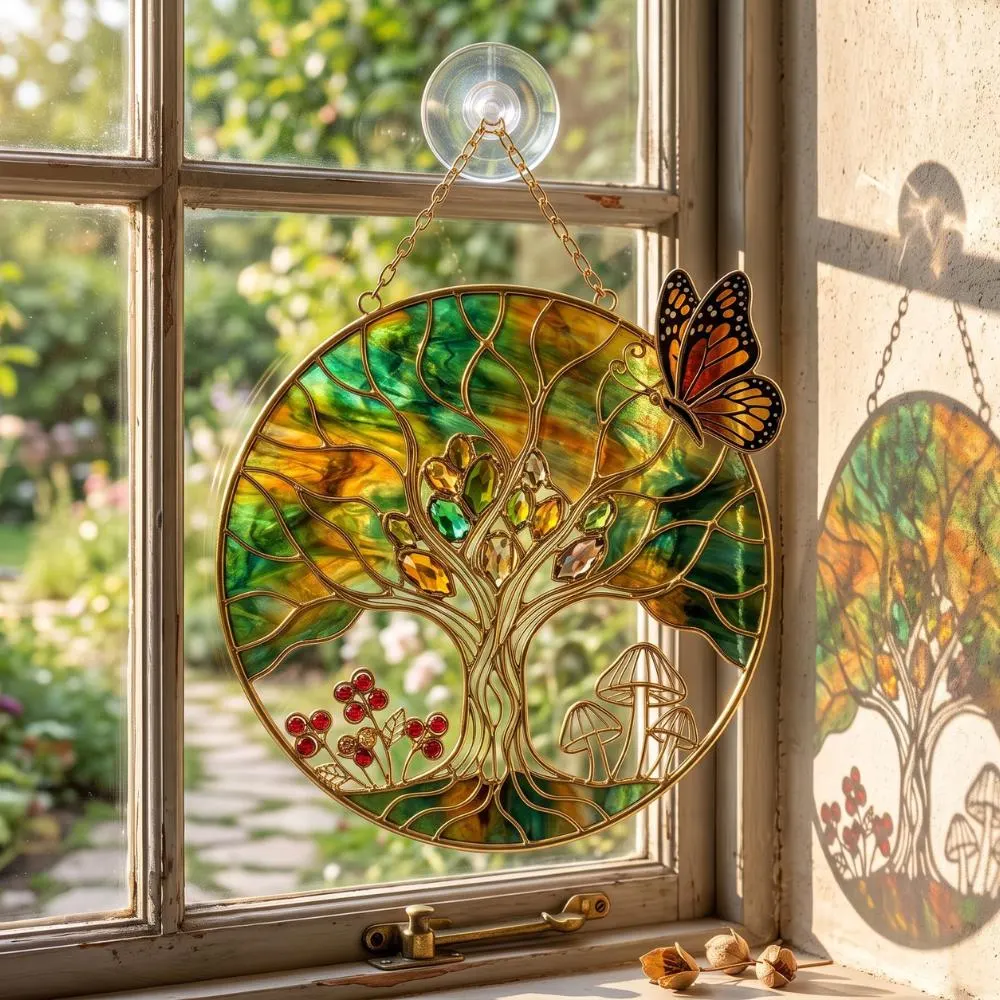 Tree of Life Suncatcher, Monarch Butterfly Stained Glass Window Hanging, Mushroom Decor, Nature Lover Gift, Boho Wall Art YB1603 - Media 4