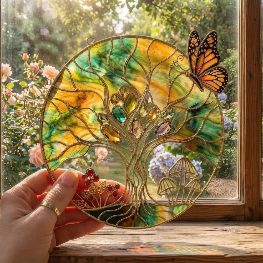 Tree of Life Suncatcher, Monarch Butterfly Stained Glass Window Hanging, Mushroom Decor, Nature Lover Gift, Boho Wall Art YB1603 - Media 5