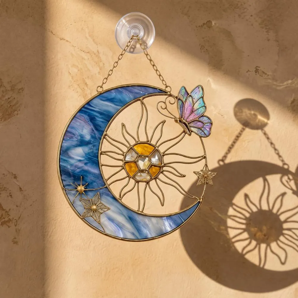 Sun and Moon Suncatcher, Stained Glass Window Hanging, Butterfly Celestial Decor, Boho Wall Art, Housewarming Gift for Her YB1603