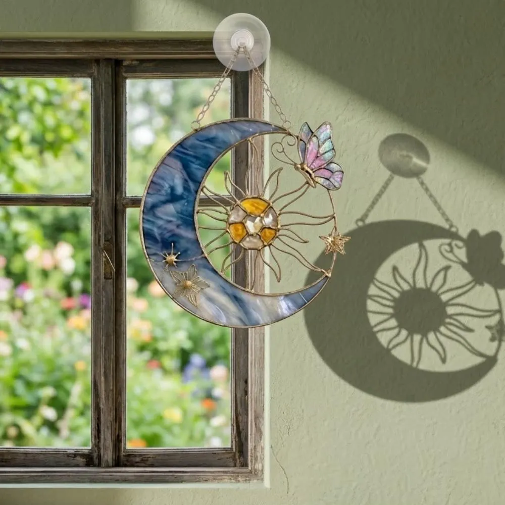 Sun and Moon Suncatcher, Stained Glass Window Hanging, Butterfly Celestial Decor, Boho Wall Art, Housewarming Gift for Her YB1603 - Media 2