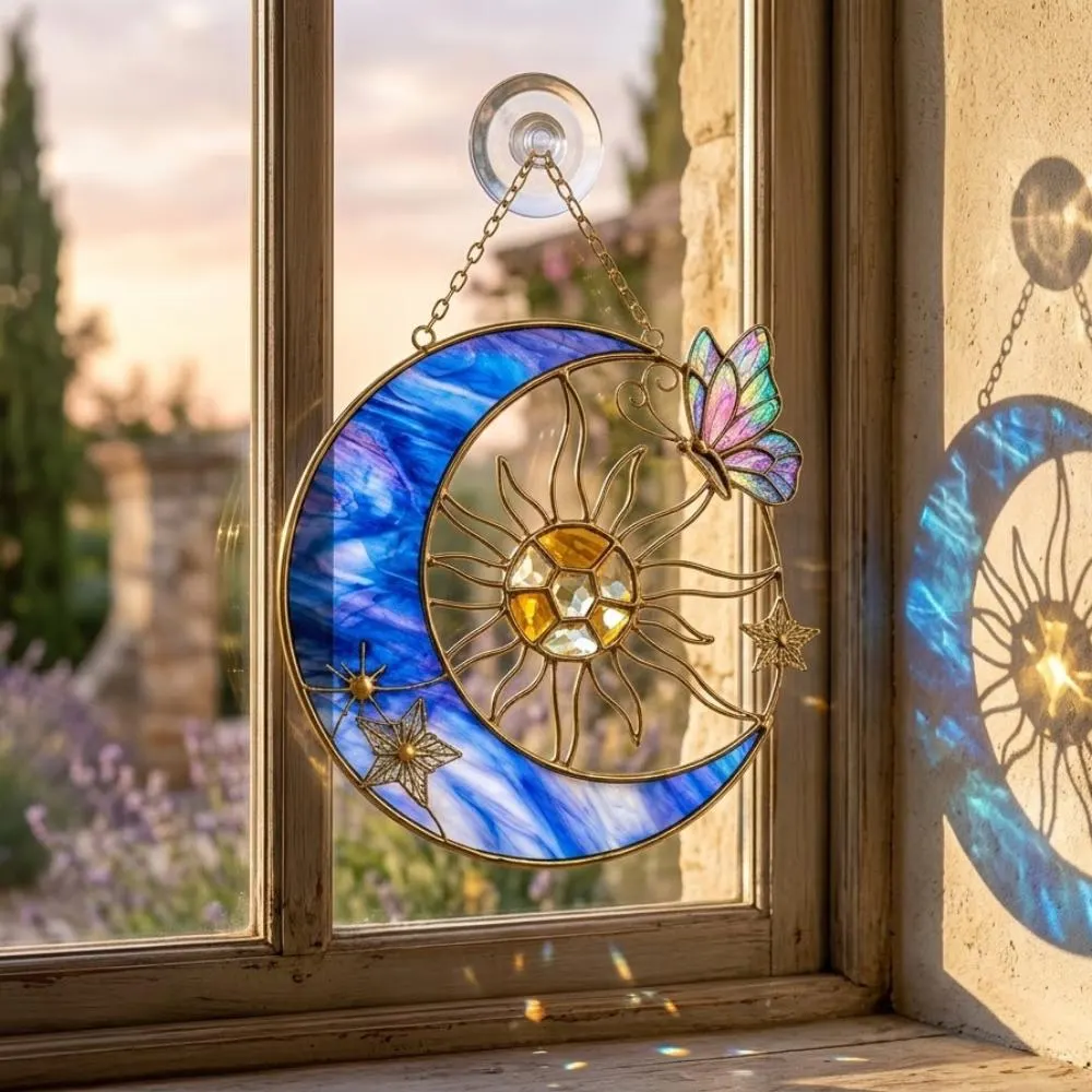 Sun and Moon Suncatcher, Stained Glass Window Hanging, Butterfly Celestial Decor, Boho Wall Art, Housewarming Gift for Her YB1603 - Media 3
