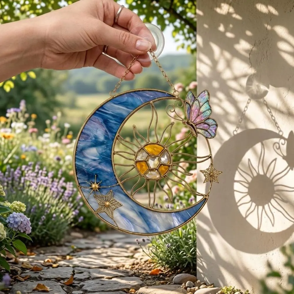 Sun and Moon Suncatcher, Stained Glass Window Hanging, Butterfly Celestial Decor, Boho Wall Art, Housewarming Gift for Her YB1603 - Media 4