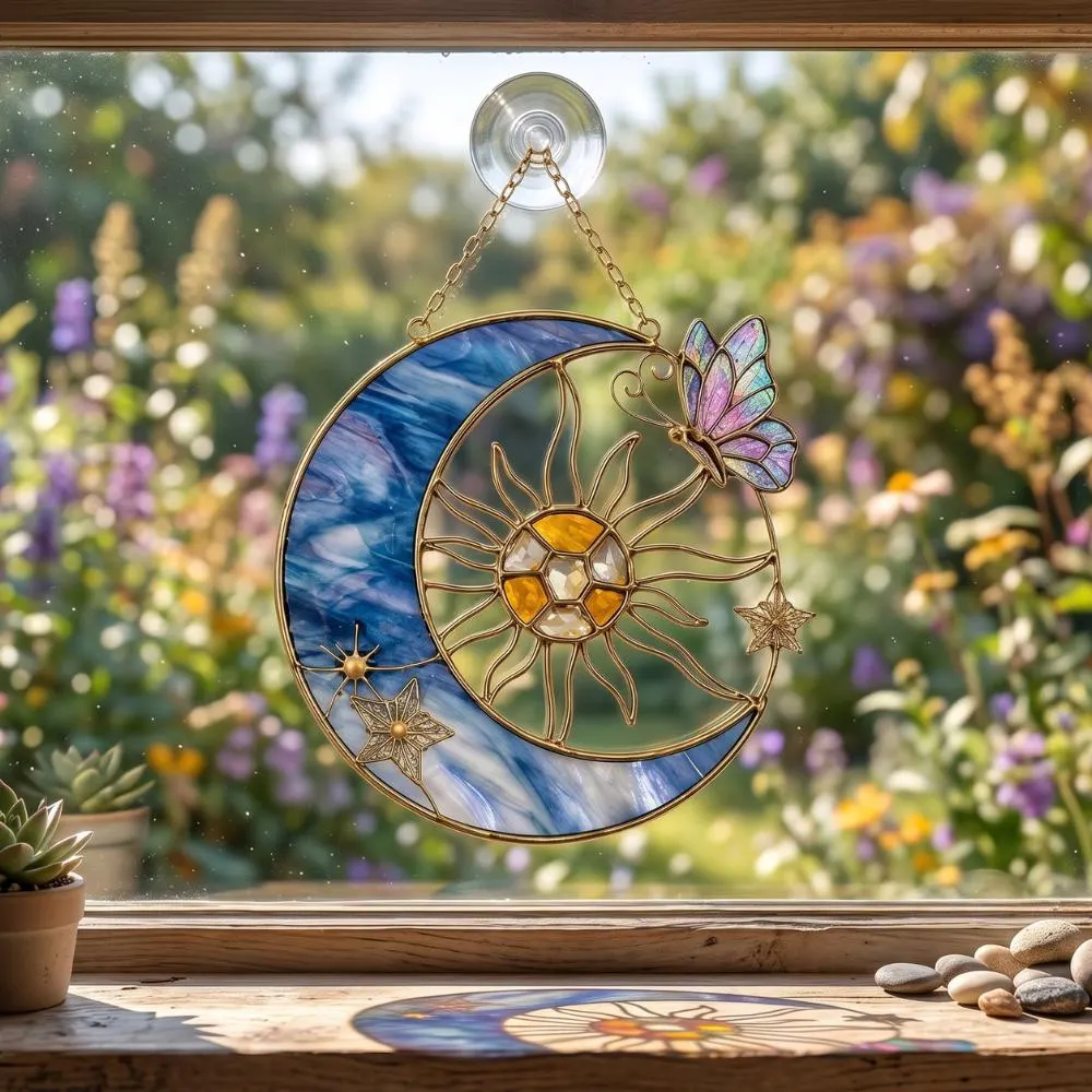Sun and Moon Suncatcher, Stained Glass Window Hanging, Butterfly Celestial Decor, Boho Wall Art, Housewarming Gift for Her YB1603 - Media 5