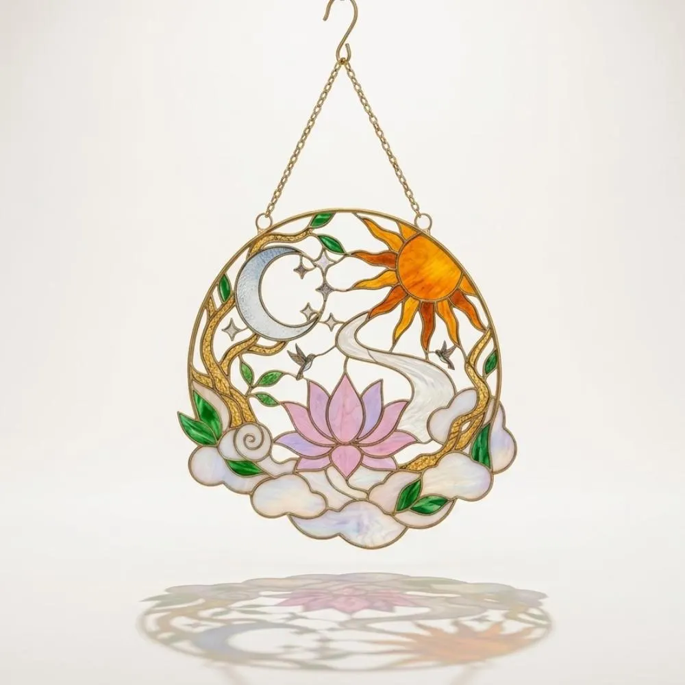 Lotus Sun and Moon Stained Glass Suncatcher, Hummingbird Window Hanging, Celestial Tree of Life Decor, Spiritual Gift YB1603